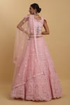 Shop_Aham-Vayam_Pink Net Embroidered Mirror Leaf Neck Drishti Lehenga Set _at_Aza_Fashions