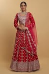 Buy_Aham-Vayam_Red Net Embroidered Sequin And Zari Work Leaf Neck Humsa Bridal Lehenga Set _at_Aza_Fashions