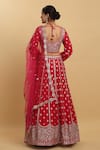 Shop_Aham-Vayam_Red Net Embroidered Sequin And Zari Work Leaf Neck Humsa Bridal Lehenga Set _at_Aza_Fashions