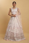 Buy_Aham-Vayam_Pink Net Embroidered Mirror Round Neck Shahi Lehenga Set _at_Aza_Fashions