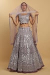 Buy_Aham-Vayam_Purple Net Embroidered Mirror Round Neck Maharsh Lehenga Set _at_Aza_Fashions