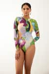 Tizzi_Multi Color Wonder Fabric Printed Abstract High Neck Halo Swimsuit  _Online_at_Aza_Fashions