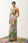 Buy_Tizzi_Multi Color Chiffon, Satin Halter Neck Kerasi Abstract Print Dress _at_Aza_Fashions
