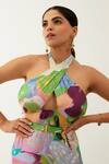 Tizzi_Multi Color Chiffon, Satin Halter Neck Kerasi Abstract Print Dress _Online_at_Aza_Fashions