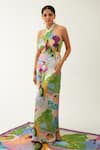 Buy_Tizzi_Multi Color Chiffon, Satin Halter Neck Kerasi Abstract Print Dress _Online_at_Aza_Fashions