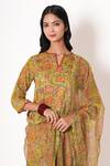 Shop_Kameez_Green Kurta And Pant- Cotton Handblock Print Floral Notched Summer Garden Set_Online_at_Aza_Fashions