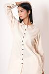 Shop_Kameez_Off White Cotton Slub Plain Collar Pearl Shirt Kurta And Pant Co-ord Set _Online_at_Aza_Fashions