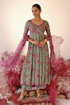 Buy_Baise Gaba_Green Anarkali And Pant Crepe Embroidered Floral V Neck Haana Set_at_Aza_Fashions