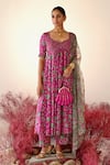Shop_Baise Gaba_Magenta Anarkali And Pant Crepe Embroidered Floral V Neck Gulnaaz Set_Online_at_Aza_Fashions