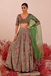 Buy_Baise Gaba_Green Lehenga And Blouse Crepe Embroidered Floral V Neck Liuora Set _at_Aza_Fashions