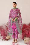 Buy_Baise Gaba_Magenta Kurta And Pant Crepe Embroidered Floral Blunt V Neck Leela A-line Set _at_Aza_Fashions