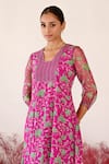 Shop_Baise Gaba_Magenta Kurta And Pant Crepe Embroidered Floral Blunt V Neck Leela A-line Set _Online_at_Aza_Fashions