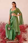 Buy_Baise Gaba_Green Crepe Embroidered Floral Sweetheart Rehana Solid Cape Skirt Set  _at_Aza_Fashions