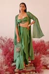 Buy_Baise Gaba_Green Crepe Embroidered Floral Sweetheart Rehana Solid Cape Skirt Set  _Online_at_Aza_Fashions