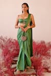 Buy_Baise Gaba_Green Satin Embroidered Pearls Calista Dhoti Skirt Saree Set _at_Aza_Fashions