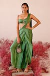 Baise Gaba_Green Satin Embroidered Pearls Calista Dhoti Skirt Saree Set _Online_at_Aza_Fashions