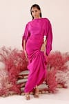 Buy_Baise Gaba_Magenta Crepe Solid Boat Neck Rozal Flared Sleeve Dress _at_Aza_Fashions