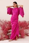 Shop_Baise Gaba_Magenta Crepe Solid Boat Neck Rozal Flared Sleeve Dress _at_Aza_Fashions