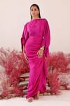 Baise Gaba_Magenta Crepe Solid Boat Neck Rozal Flared Sleeve Dress _Online_at_Aza_Fashions