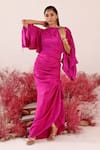 Buy_Baise Gaba_Magenta Crepe Solid Boat Neck Rozal Flared Sleeve Dress _Online_at_Aza_Fashions