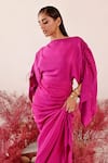 Shop_Baise Gaba_Magenta Crepe Solid Boat Neck Rozal Flared Sleeve Dress _Online_at_Aza_Fashions