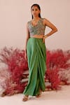 Buy_Baise Gaba_Green Jacket Crepe Embroidered Floral V Neck Jharokha And Skirt Set _at_Aza_Fashions