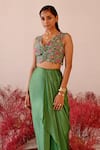 Buy_Baise Gaba_Green Jacket Crepe Embroidered Floral V Neck Jharokha And Skirt Set _Online_at_Aza_Fashions