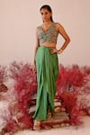 Baise Gaba_Green Jacket Crepe Embroidered Floral V Neck Jharokha And Skirt Set _at_Aza_Fashions