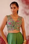 Buy_Baise Gaba_Green Crepe Embroidered Floral V Neck Jharokha Jacket _Online_at_Aza_Fashions