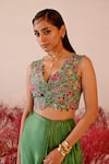 Shop_Baise Gaba_Green Crepe Embroidered Floral V Neck Jharokha Jacket _Online_at_Aza_Fashions