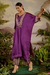 Buy_Baise Gaba_Purple Kaftan Satin Silk Embroidery Mirror Notched Kumari Work And Pant Set _Online_at_Aza_Fashions