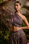 Shop_Baise Gaba_Purple Lurex Chiffon Sharvari One Shoulder Crop Top And Skirt Set _Online_at_Aza_Fashions