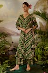 Buy_Baise Gaba_Green Modal Satin Printed And Embroidered Floral Stripe Tahir Dolman Sleeve Kurta _at_Aza_Fashions