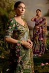 Shop_Baise Gaba_Green Saree Lurex Chiffon Printed And Embroidered Floral Falguni & Blouse Set _at_Aza_Fashions