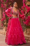 Buy_Reeti Arneja_Pink Lehenga Taffeta Silk Hand Embroidery Sequins Jacket Open Neck Long Set _at_Aza_Fashions