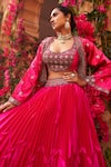 Reeti Arneja_Pink Lehenga Taffeta Silk Hand Embroidery Sequins Jacket Open Neck Long Set _Online_at_Aza_Fashions