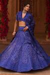 Buy_Reeti Arneja_Blue Organza Embroidery Swarovski Plunging Neck Bridal Lehenga Set _at_Aza_Fashions