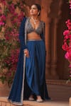 Buy_Reeti Arneja_Blue Velvet Hand Embroidery Beads Jacket Open Tribal Border Cape Salwar Set _at_Aza_Fashions