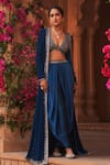 Shop_Reeti Arneja_Blue Velvet Hand Embroidery Beads Jacket Open Tribal Border Cape Salwar Set _at_Aza_Fashions