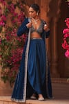 Buy_Reeti Arneja_Blue Velvet Hand Embroidery Beads Jacket Open Tribal Border Cape Salwar Set _Online_at_Aza_Fashions