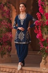 Shop_Reeti Arneja_Blue Velvet Embroidery Mirror Scoop Neck Boho Kurta Patiala Salwar Set _at_Aza_Fashions