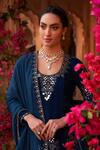 Reeti Arneja_Blue Velvet Embroidery Mirror Scoop Neck Boho Kurta Patiala Salwar Set _Online_at_Aza_Fashions