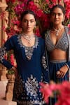 Shop_Reeti Arneja_Blue Velvet Embroidery Mirror Scoop Neck Boho Kurta Patiala Salwar Set _Online_at_Aza_Fashions