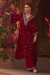 Buy_Reeti Arneja_Magenta Velvet Embroidery Beads V Neck Tribal Kurta With Pant _at_Aza_Fashions