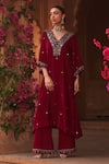 Reeti Arneja_Magenta Velvet Embroidery Beads V Neck Tribal Kurta With Pant _Online_at_Aza_Fashions