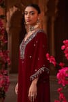 Shop_Reeti Arneja_Magenta Velvet Embroidery Beads V Neck Tribal Kurta With Pant _Online_at_Aza_Fashions