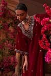 Reeti Arneja_Magenta Velvet Embroidery Beads V Neck Tribal Kurta With Pant _at_Aza_Fashions