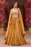 Buy_Reeti Arneja_Yellow Dupatta Organza Embroidery Floral Corset And Geometric Pleated Lehenga _at_Aza_Fashions