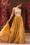 Reeti Arneja_Yellow Dupatta Organza Embroidery Floral Geometric Pleated Lehenga Corset Set _Online_at_Aza_Fashions