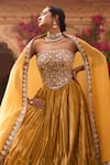 Buy_Reeti Arneja_Yellow Dupatta Organza Embroidery Floral Geometric Pleated Lehenga Corset Set _Online_at_Aza_Fashions